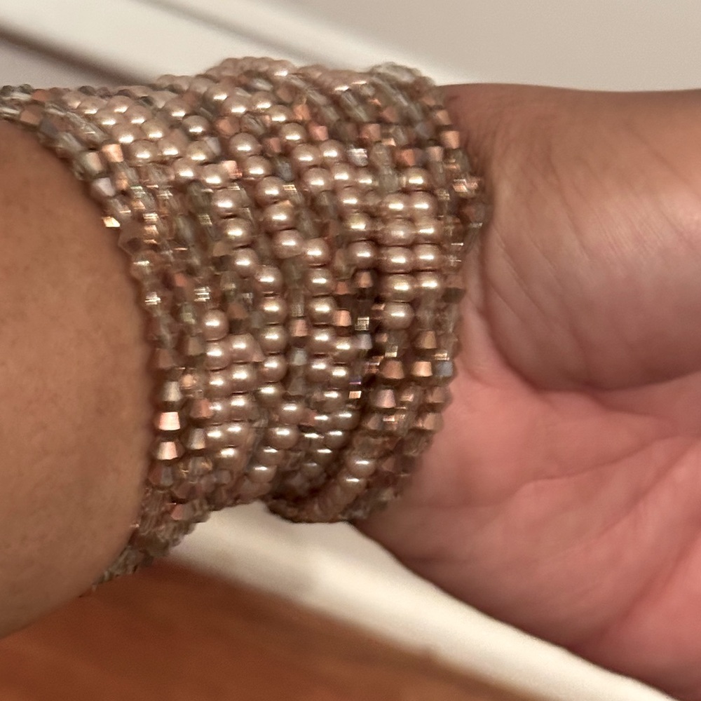 Handmade brown and cream wire beaded wrap around bracelet